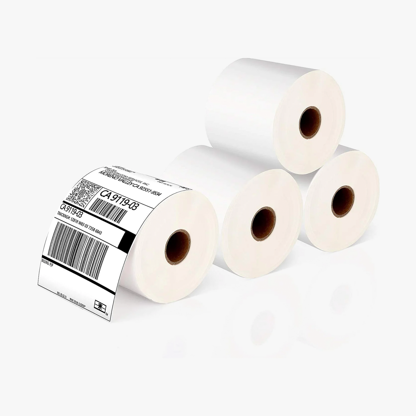 Set of four 100mm x 150mm thermal label rolls, perfect for shipping labels for PostNL, DHL, UPS, and DPD. Ink-free, scratch-resistant, and with strong adhesive.