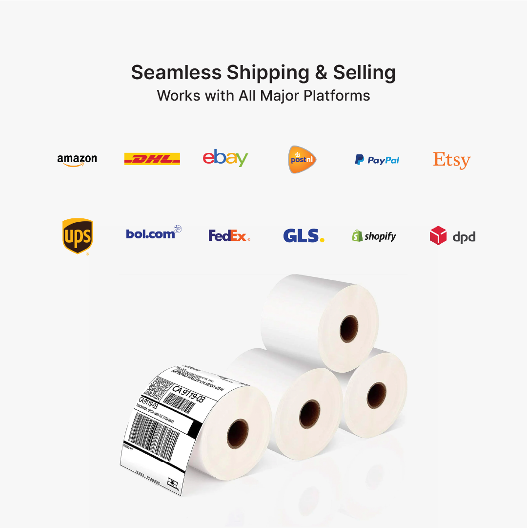 100 x 150 mm (4x6 inch) thermal shipping labels – Compatible label roll for PostNL, DHL, UPS, FedEx, Bol.com, Amazon, and more. Ideal for e-commerce, logistics, and warehouses. High-quality self-adhesive labels for sharp, long-lasting prints.
