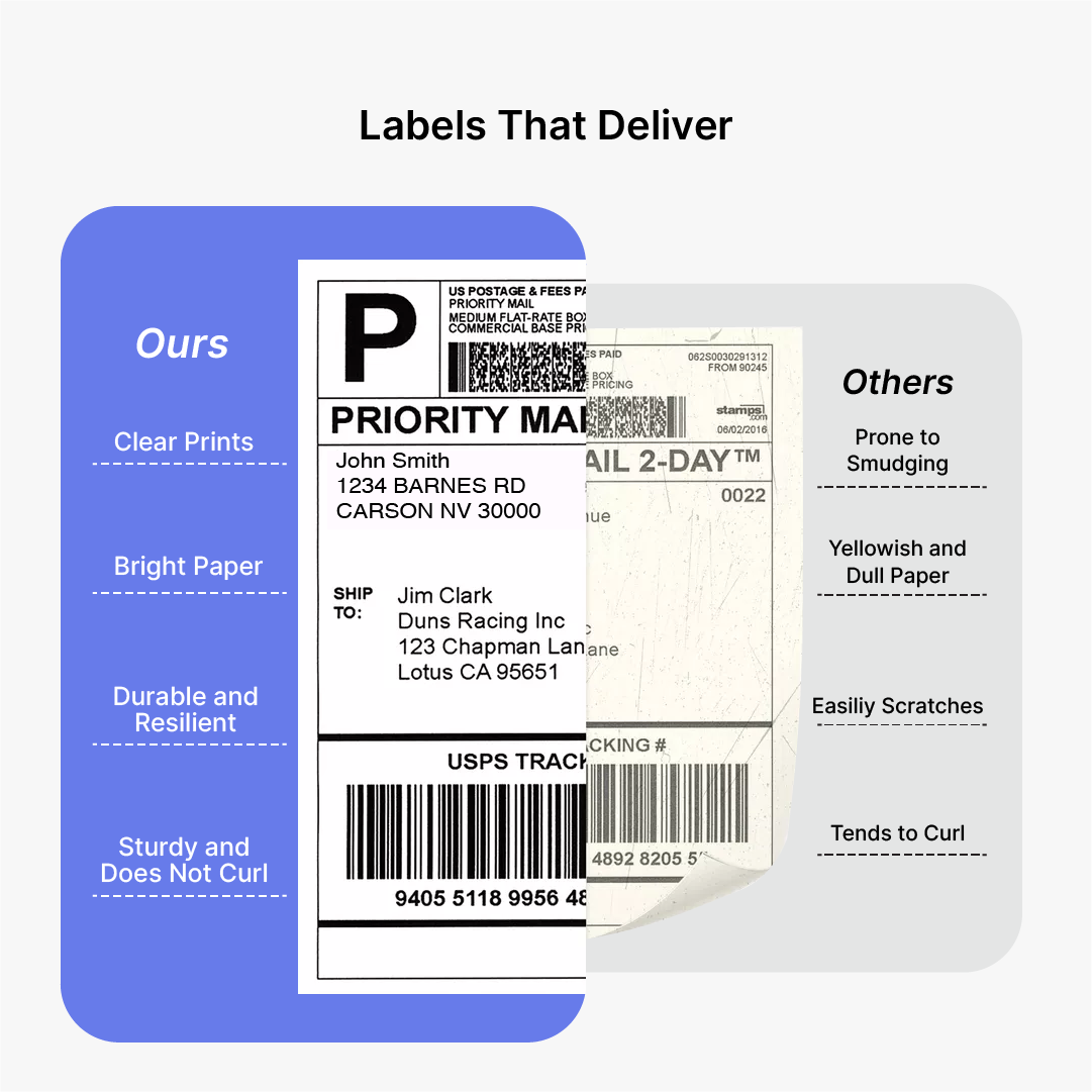 Comparison of the 100mm x 150mm thermal label roll with standard labels. Clear prints, durable paper, and no smudging or curling. Ideal for shipping labels.