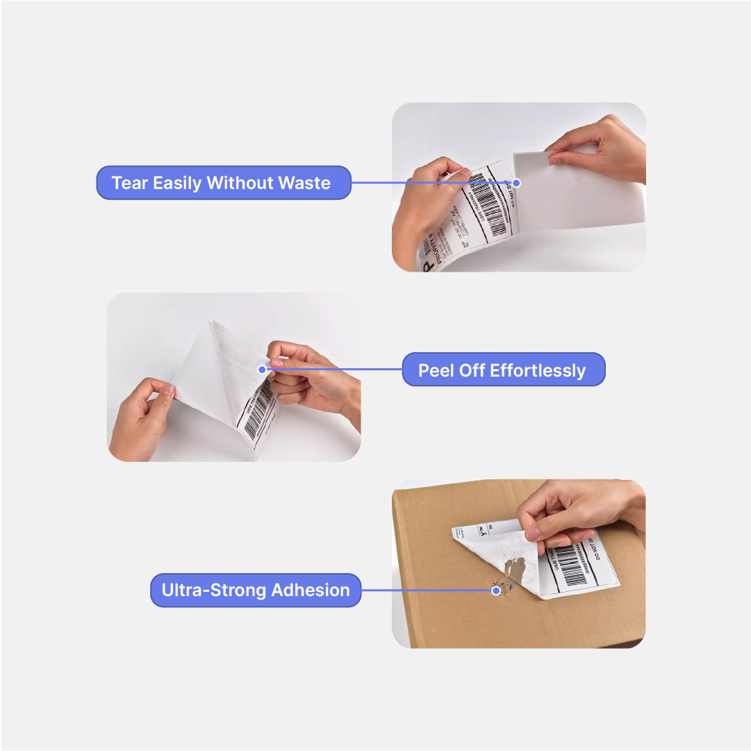 100mm x 150mm thermal label roll with strong adhesive, easy to peel off without waste, and effortlessly applied to shipping packages.