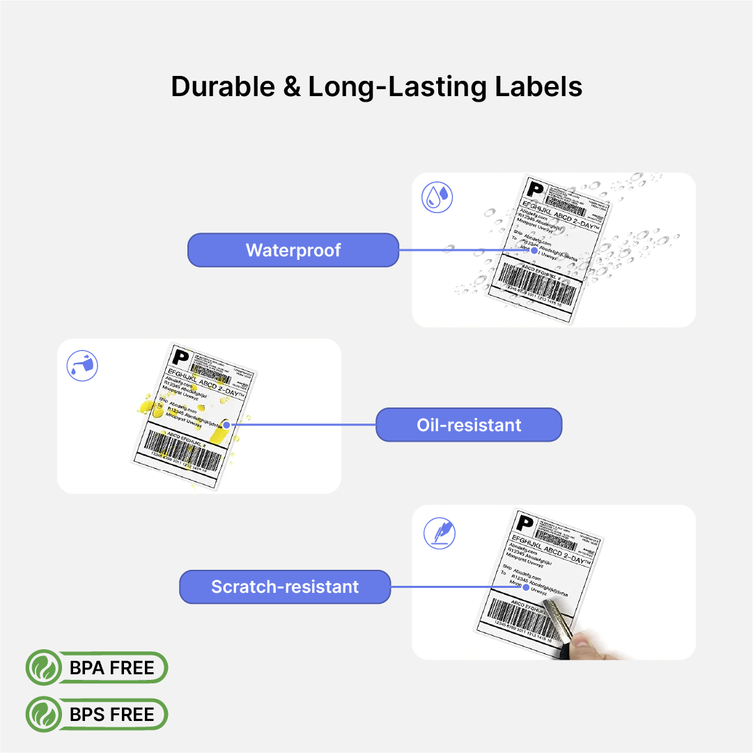100mm x 150mm thermal label roll with waterproof, oil-resistant, and scratch-resistant properties. BPA- and BPS-free, ideal for durable shipping labels.
