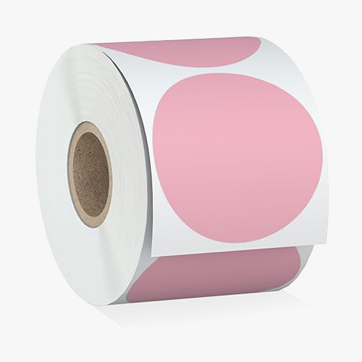Pink 50mm round thermal label roll for various applications such as price stickers, product labels, and shipping labels. Strong adhesive and compatible with thermal label printers.
