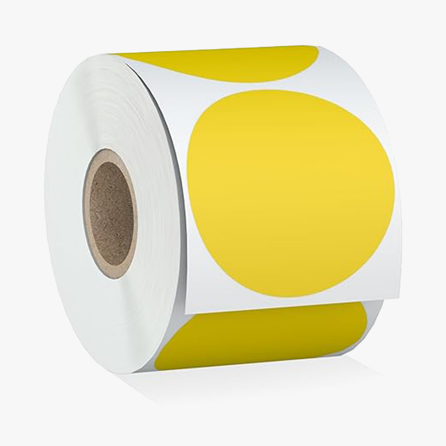 Yellow 50mm round thermal label roll for efficient labeling of products, shipping labels, and promotional stickers. Durable, self-adhesive, and compatible with various thermal label printers.