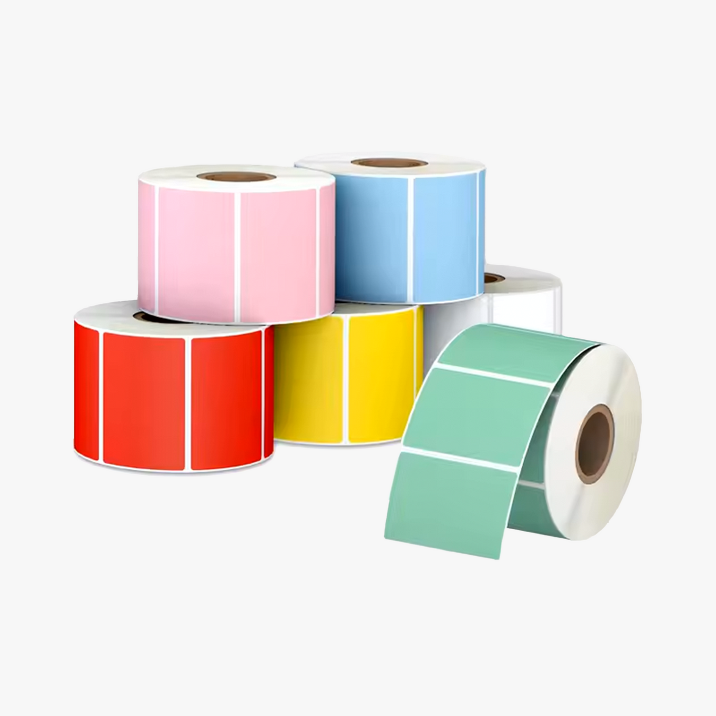 Set of colored 57mm x 32mm thermal label rolls in red, pink, blue, yellow, and green. Perfect for barcode labels, price tags, and product labels.