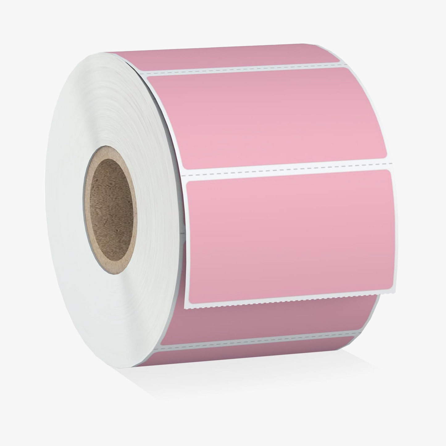Pink 57mm x 32mm thermal label roll with pre-cut labels. Ideal for price stickers, barcode labels, and product labels. Compatible with thermal label printers.