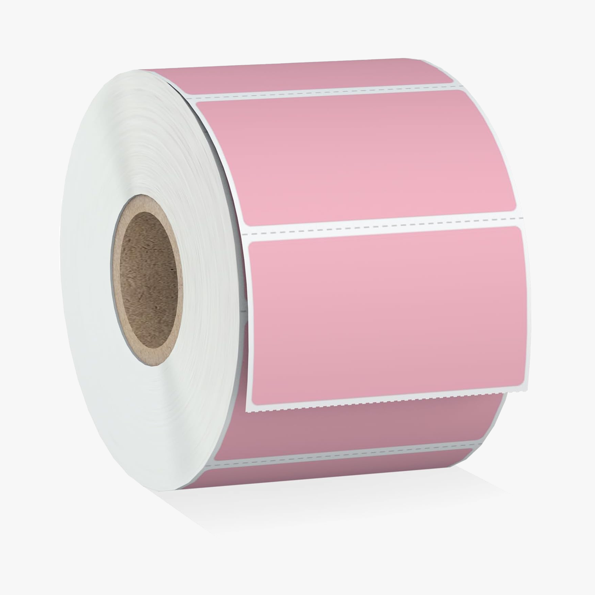 Pink 57mm x 32mm thermal label roll with pre-cut labels. Ideal for price stickers, barcode labels, and product labels. Compatible with thermal label printers.
