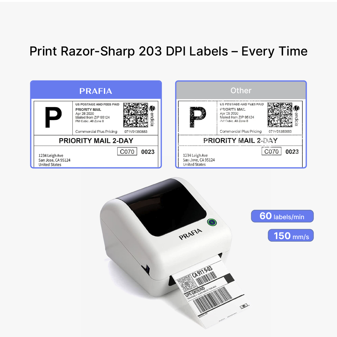 Prafia Flex USB Label Printer with 203 DPI resolution prints sharp shipping labels for PostNL, DHL, UPS, and more. High speed up to 60 labels/min and 150 mm/s for efficient shipping.