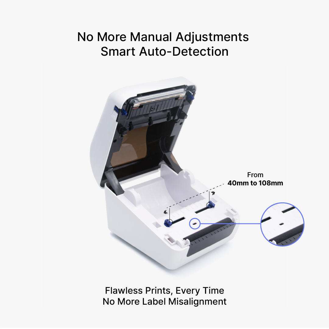 Prafia Flex USB Label Printer with smart auto-detection for label sizes from 40mm to 108mm. No manual adjustments needed for error-free printing.