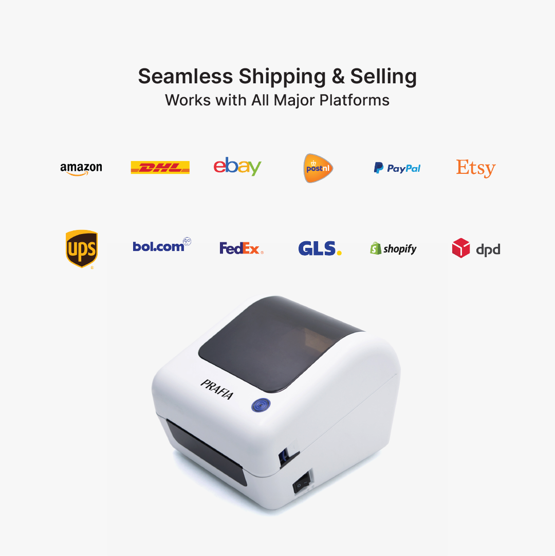 Prafia Flex USB Label Printer compatible with Amazon, eBay, bol.com, Shopify, DHL, PostNL, UPS, FedEx, GLS, DPD, and more. Ideal for seamless shipping and e-commerce.