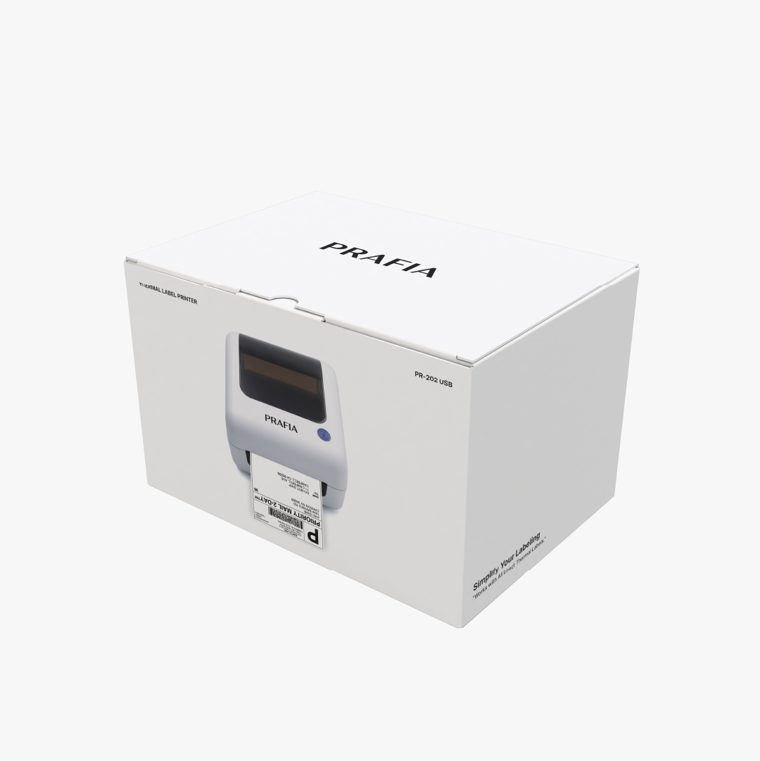 Packaging of the Prafia Flex USB Label Printer, a thermal label printer for shipping labels, barcode labels, and price tags. Ideal for e-commerce and logistics.
