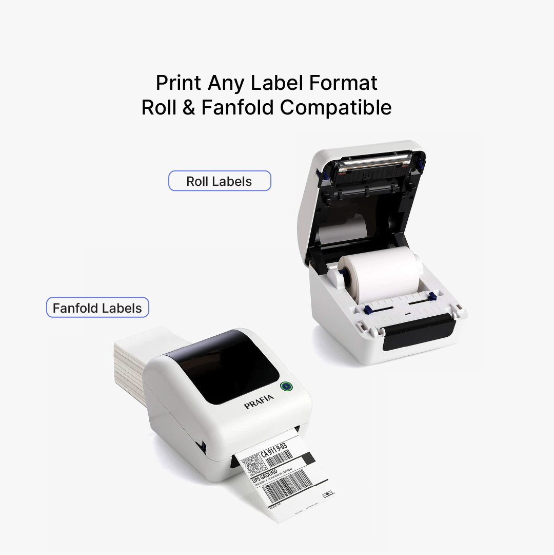 Prafia Flex USB Label Printer compatible with roll and fanfold labels. Supports various label sizes for shipping labels, barcode labels, and price tags.
