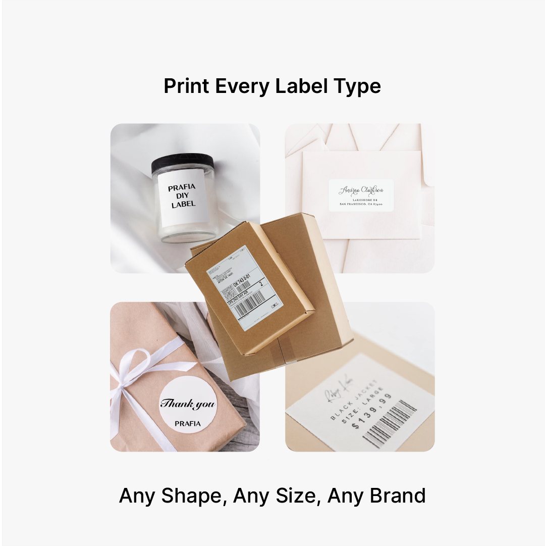Prafia Flex USB Label Printer prints shipping labels, product stickers, barcode labels, and personalized labels in various shapes and sizes. Perfect for e-commerce, retail, and branding.