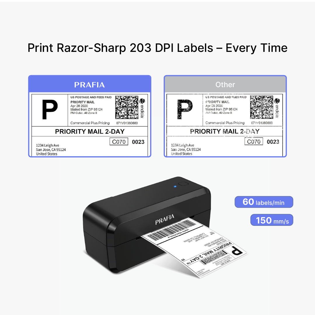 Prafia Pro USB Label Printer with 203 DPI resolution prints sharp shipping labels for PostNL, DHL, UPS, and more. High speed up to 60 labels/min and 150 mm/s for efficient shipping.