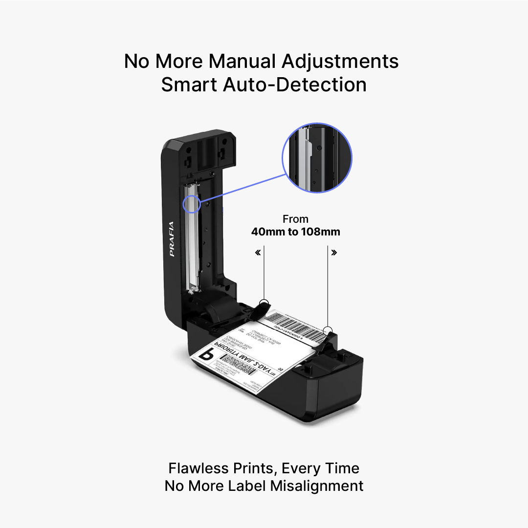 Prafia Pro USB Label Printer with smart auto-detection supports label sizes from 40mm to 108mm. No manual adjustments needed for error-free printing.