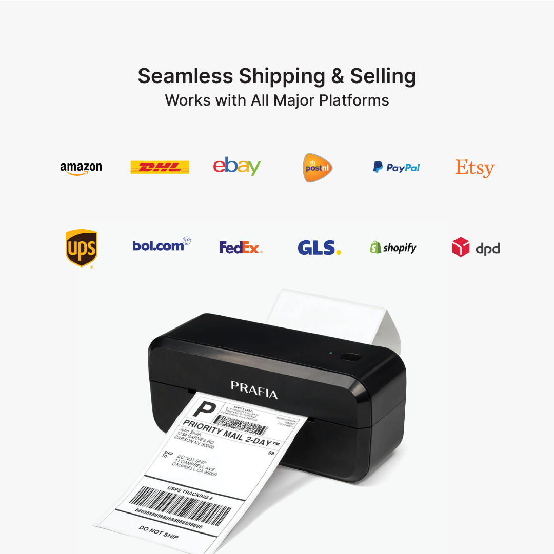 Prafia Pro USB Label Printer compatible with Amazon, eBay, bol.com, Shopify, DHL, PostNL, UPS, FedEx, GLS, DPD, and more. Perfect for seamless shipping and e-commerce.