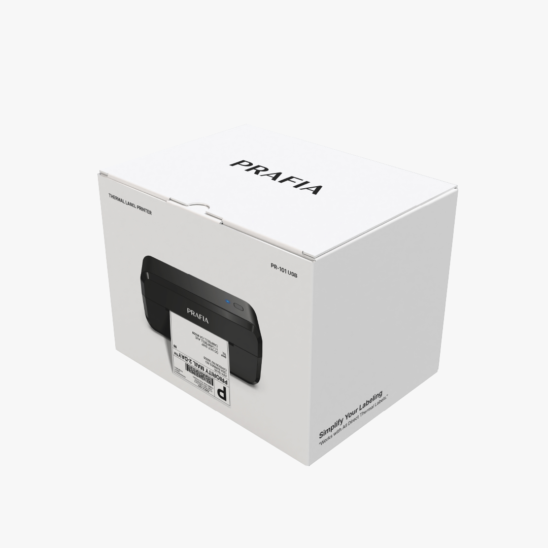 Packaging of the Prafia Pro USB Label Printer, a thermal label printer for shipping labels, barcode labels, and price tags. Ideal for e-commerce and logistics.
