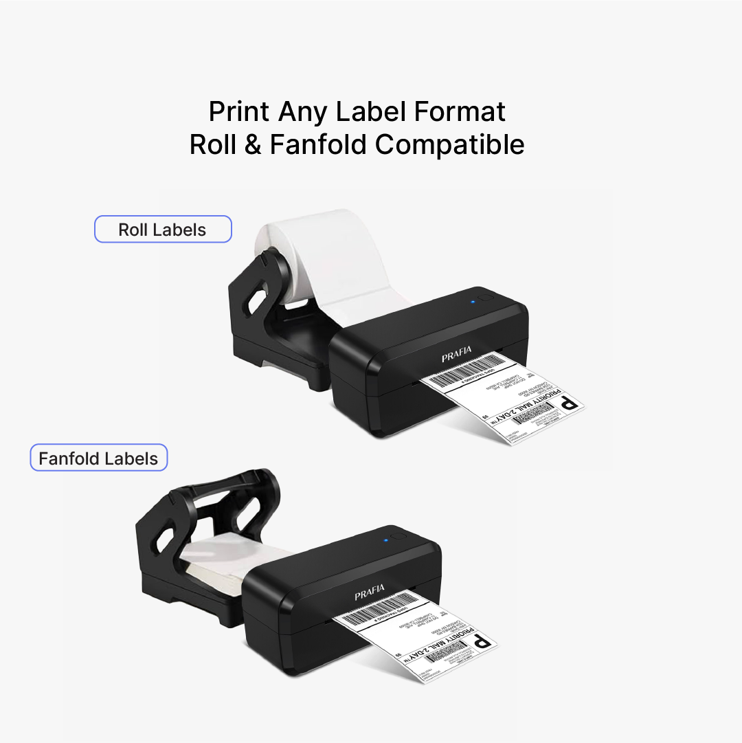Prafia Pro USB Label Printer compatible with roll and fanfold labels. Supports various label sizes for shipping labels, barcode labels, and price tags.