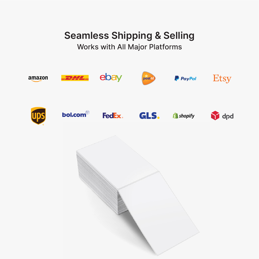 100 x 150 mm (4x6 inch) thermal shipping labels – Compatible fanfold labels for PostNL, DHL, UPS, FedEx, Bol.com, Amazon, and more. Ideal for e-commerce, logistics, and warehouses. High-quality self-adhesive labels for sharp, long-lasting prints.