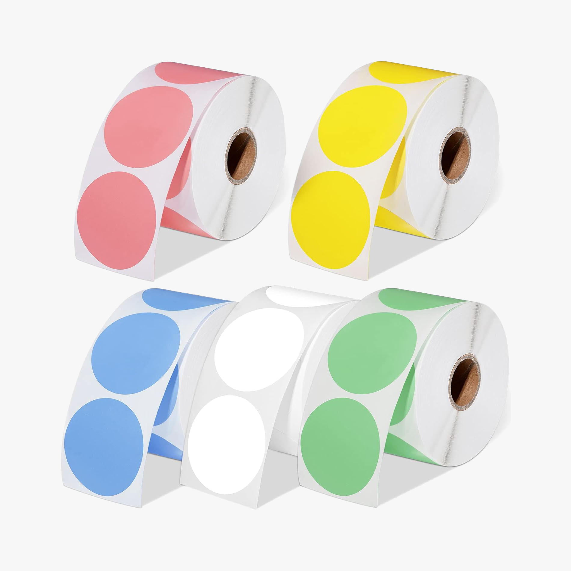 Set of colored 50mm round thermal label rolls in red, yellow, blue, green, and white. Perfect for price stickers, product labels, and shipping markings. Compatible with thermal label printers.