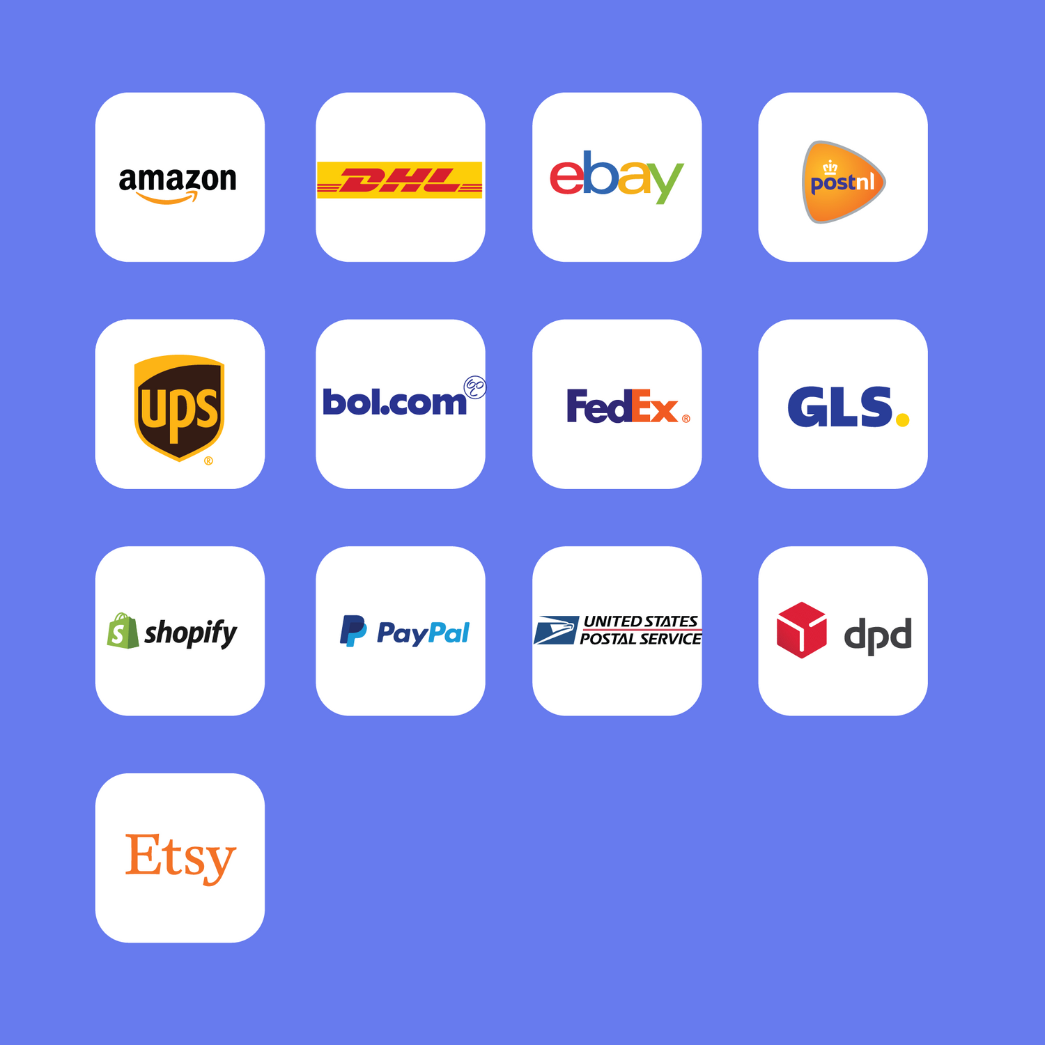 Supported Platforms of the Prafia USB Label Printer – compatible with Amazon, DHL, eBay, PostNL, UPS, bol.com, FedEx, GLS, Shopify, PayPal, USPS, DPD, and Etsy. Perfect for e-commerce and shipping labels.