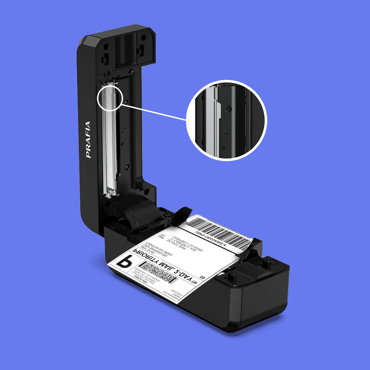 Prafia Pro USB Label Printer with Smart Auto-Detection – automatically recognizes label sizes for accurate prints. Thermal label printer compatible with 40mm to 108mm labels, ideal for e-commerce and logistics.