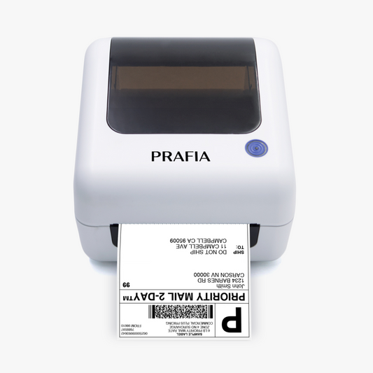 White Prafia Flex USB Label Printer with thermal printing technology, prints a shipping label for PostNL, DHL, and other couriers. Fast, ink-free label printer for e-commerce and warehouses