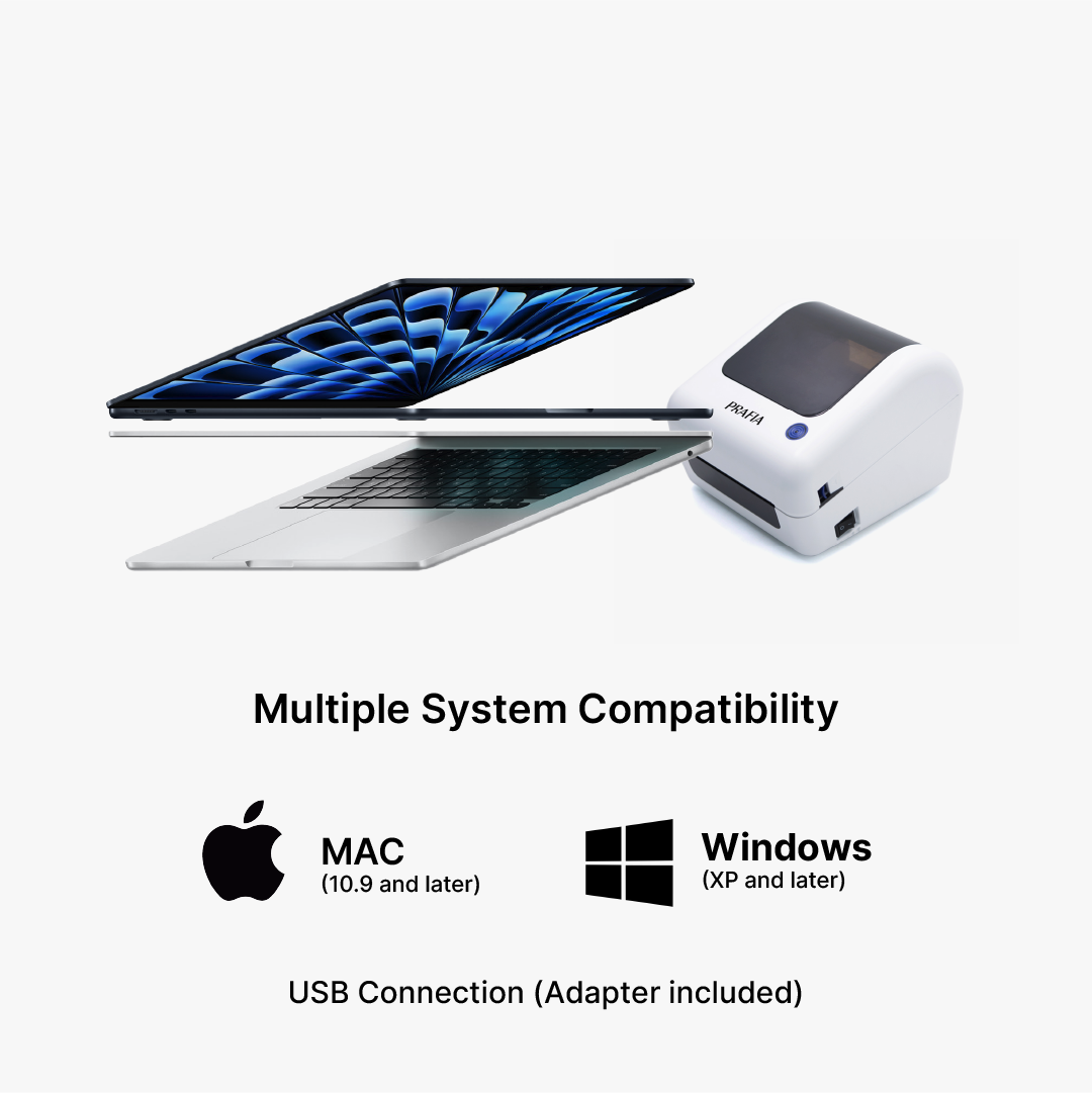 Prafia Flex USB label printer compatible with Mac (10.9+) and Windows (XP+) systems – USB connection with adapter included.