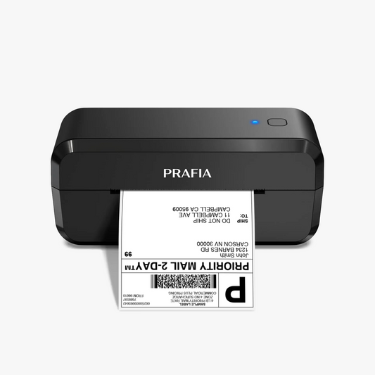 Black Prafia Pro USB Label Printer with thermal printing technology, prints a shipping label for PostNL, DHL, UPS, and other couriers. Fast, ink-free label printer for e-commerce and warehouses