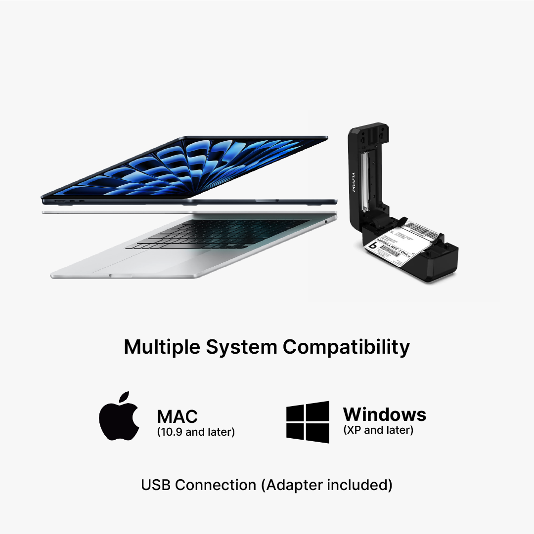 Prafia Pro USB label printer compatible with Mac (10.9+) and Windows (XP+) systems – USB connection with adapter included.